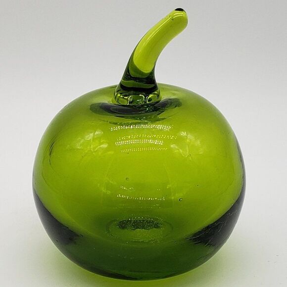 Vintage Viking Glass Solid Green Apple and Stem Blown Art Glass Paperweight - Picture 7 of 14